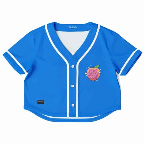 Cropped blue baseball jersey with colorful logo, front view