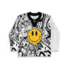 Black-and-white acid swirl jersey front view with large yellow smiley and lace-up collar
