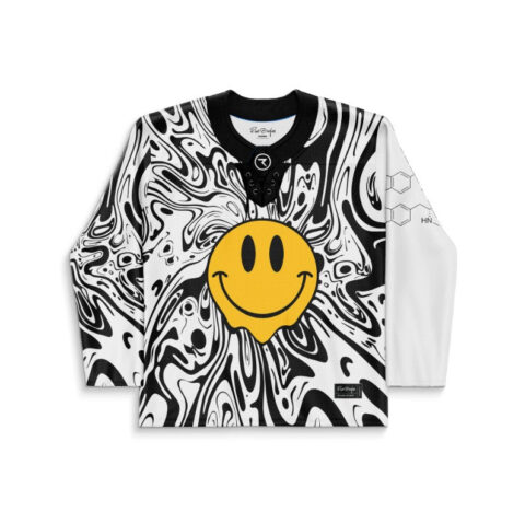 Black-and-white acid swirl jersey front view with large yellow smiley and lace-up collar