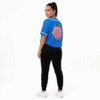 Model wearing the blue rave cropped baseball jersey, back design visible