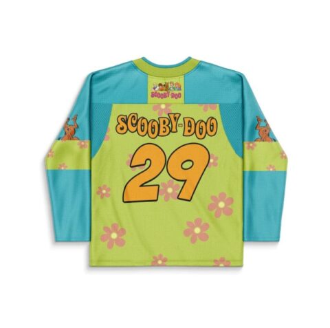 Turquoise and lime green floral pattern with cartoon back graphic, orange 29 and readable lettering