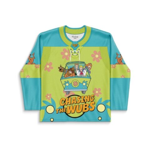 Lime green floral rave jersey with cartoon van scene and “CHASING THE WUBS” text
