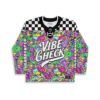 Neon rainbow dense psychedelic doodle jersey with checkerboard yoke and “VIBE CHECK” lettering, front view