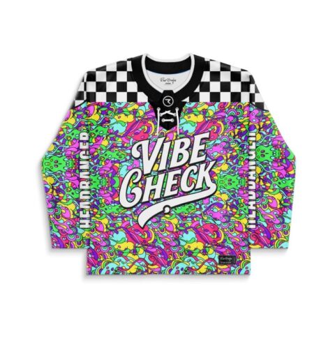Neon rainbow dense psychedelic doodle jersey with checkerboard yoke and “VIBE CHECK” lettering, front view