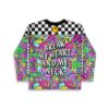 Neon rainbow dense psychedelic doodle jersey, “BREAK MY HEART AND MY NECK,” back view