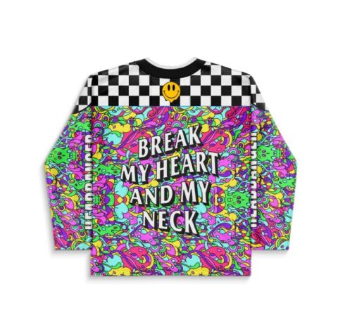 Neon rainbow dense psychedelic doodle jersey, “BREAK MY HEART AND MY NECK,” back view