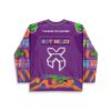 Purple cereal box jersey featuring “GOT MILK?” text, geometric emblem, and cartoon waves, back view