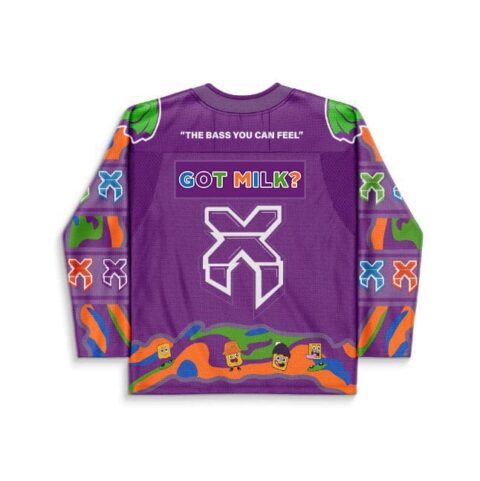 Purple cereal box jersey featuring “GOT MILK?” text, geometric emblem, and cartoon waves, back view