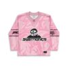 Pink abstract swirl hockey jersey front with one-eyed cartoon-style mascot and bold festival lettering