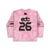 Back view of pink abstract swirl jersey featuring black 26 numerals and a small silhouetted
