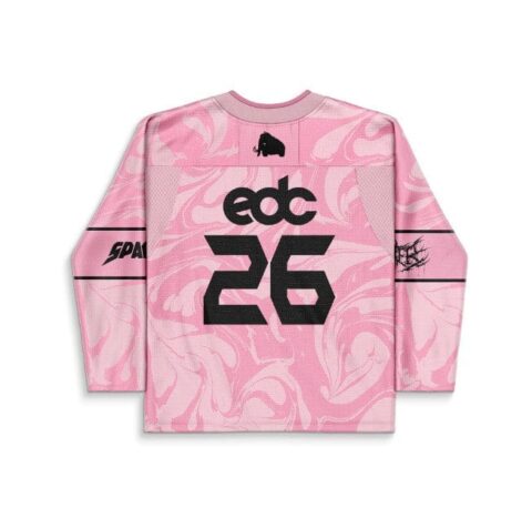 Back view of pink abstract swirl jersey featuring black 26 numerals and a small silhouetted