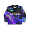 Black liquid-oil swirl jersey with bold white chest lettering, front view