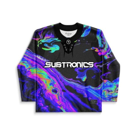 Black liquid-oil swirl jersey with bold white chest lettering, front view