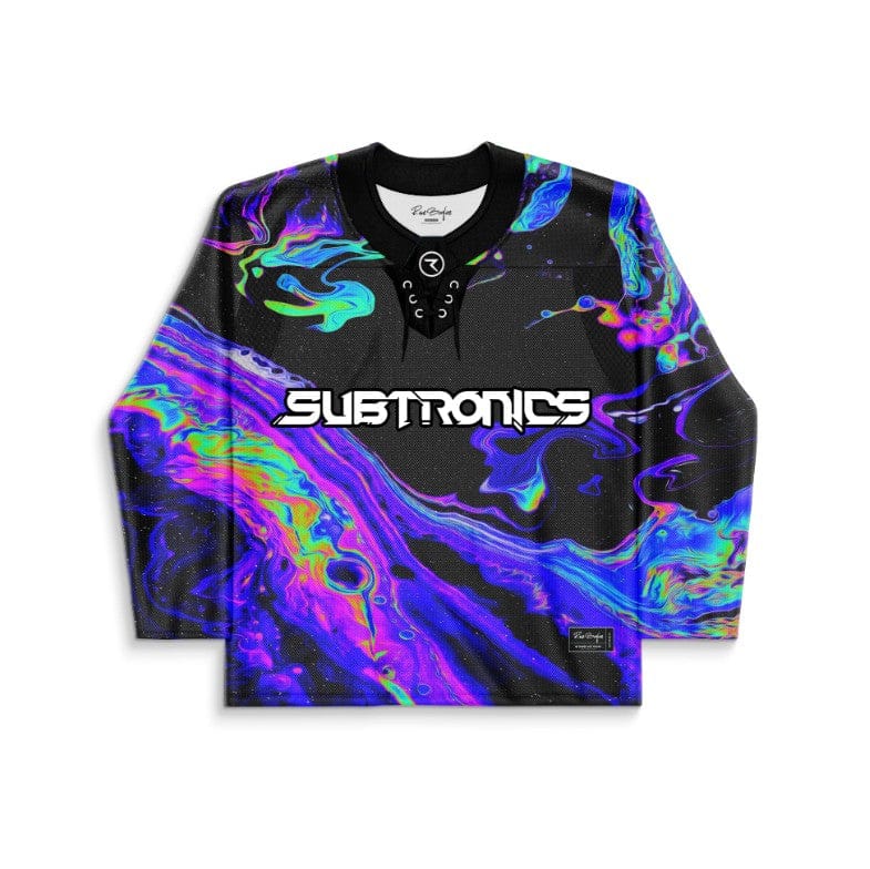 Black liquid-oil swirl jersey with bold white chest lettering, front view