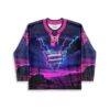 Purple retro synthwave landscape with lightning cassette graphic, front view on white background