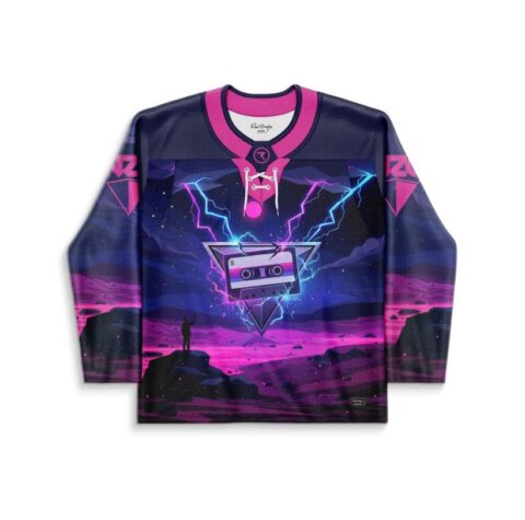 Purple retro synthwave landscape with lightning cassette graphic, front view on white background