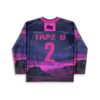 Purple retro synthwave landscape with pink TAPE B and number 2, back view