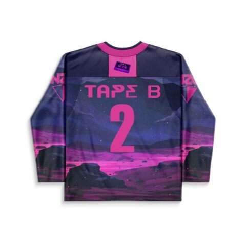 Purple retro synthwave landscape with pink TAPE B and number 2, back view