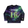 Purple-green cosmic nebula jersey featuring “LEVEL UP” and large “16” lettering, back view