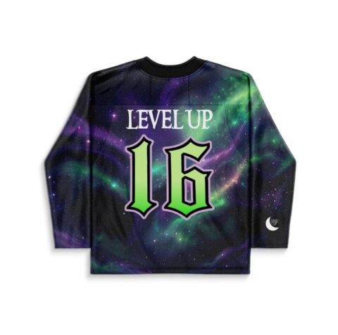 Purple-green cosmic nebula jersey featuring “LEVEL UP” and large “16” lettering, back view