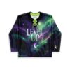 Purple-green cosmic nebula print jersey with lime lacing and “LEVEL UP” text, front view