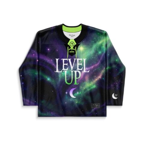 Purple-green cosmic nebula print jersey with lime lacing and “LEVEL UP” text, front view