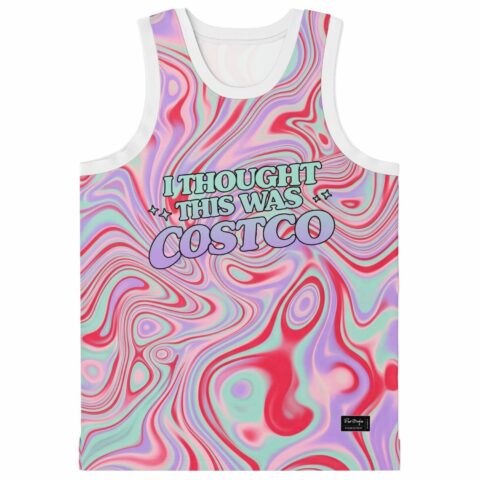Pastel pink liquid marbled rave basketball jersey, bold slogan lettering, front view on white background