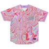 Pastel pink psychedelic liquid swirl baseball jersey, buttons, “I THOUGHT THIS WAS” chest text