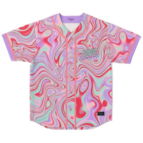 Pastel pink psychedelic liquid swirl baseball jersey, buttons, “I THOUGHT THIS WAS” chest text