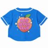 Back view of the blue rave cropped baseball jersey with a peach graphic