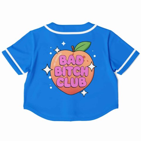 Cropped blue baseball jersey with peach graphic, back view