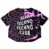 Back view of the rave cropped baseball jersey with a bold white text design
