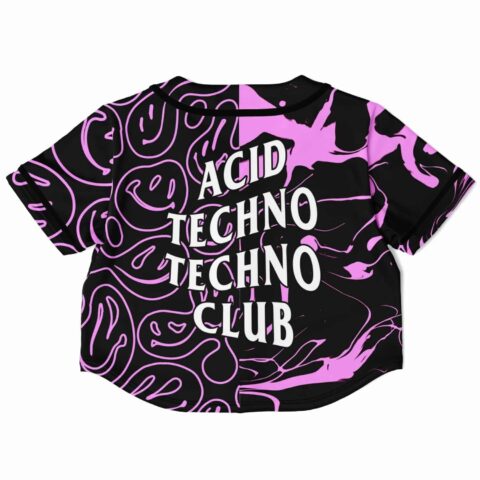 Cropped baseball jersey back view with bold white text design