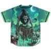 Cartoon-style maned lion prowls rocky cliff with hyenas below, back view in neon green moonlight