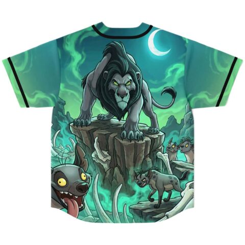 Cartoon-style maned lion prowls rocky cliff with hyenas below, back view in neon green moonlight