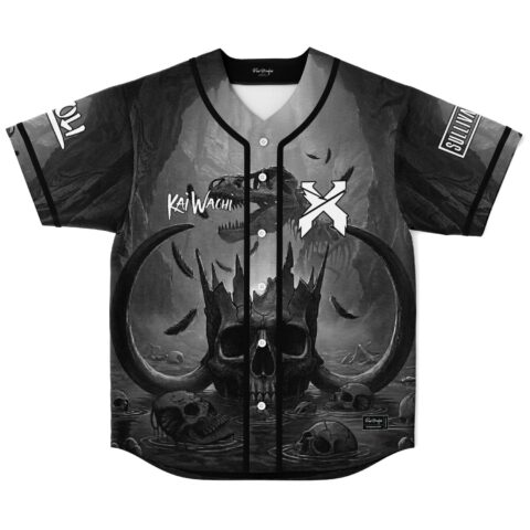 Monochrome cracked crowned skull design with horns and feathers, front view of festival jersey