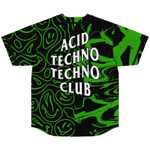 Back view of baseball jersey with bold white text on geometric design