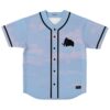 Pastel cloud print rave baseball jersey front view with black piping, buttons, and animal silhouette