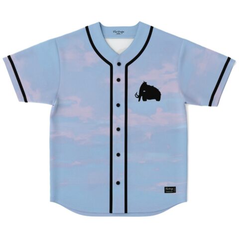 Pastel cloud print rave baseball jersey front view with black piping, buttons, and animal silhouette