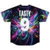 Back view shows neon explosive swirl pattern with large TASTY text and number 9