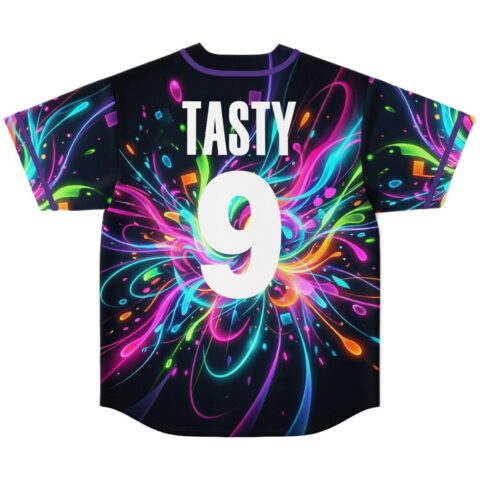 Back view shows neon explosive swirl pattern with large TASTY text and number 9