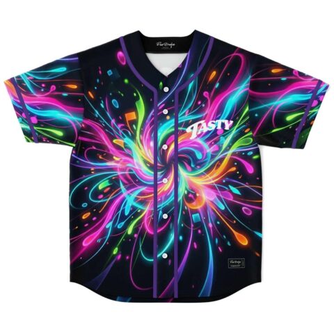 Front view of a black neon explosive swirl jersey with TASTY lettering