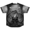 Monochrome cracked crowned skull and dinosaur design with HEADBANGER text, back view of festival jersey