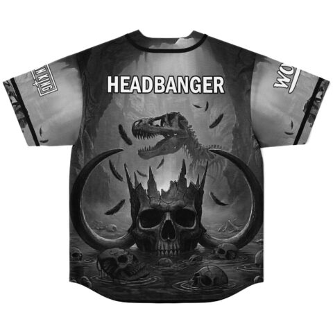 Monochrome cracked crowned skull and dinosaur design with HEADBANGER text, back view of festival jersey