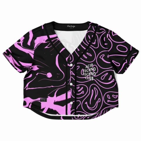 Cropped baseball jersey with vibrant pink and black abstract designs