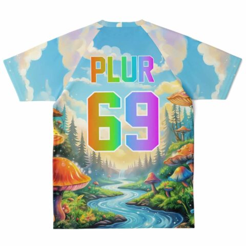 Back view of soccer jersey with rainbow text design