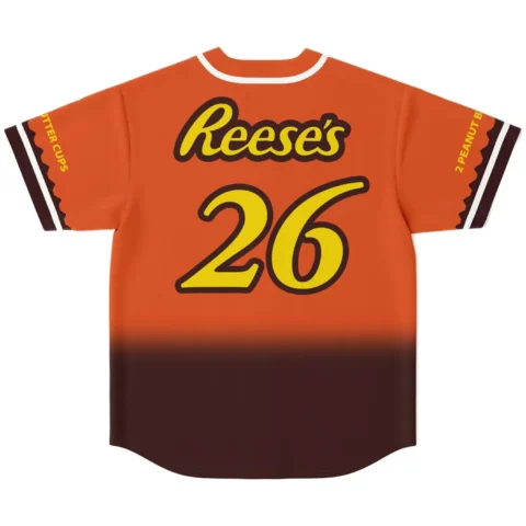 Candy-themed orange-brown jersey back, script logo, 26, and “2 PEANUT BUTTER CUPS” sleeve text