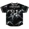 Black electric lightning-pattern jersey back view featuring “restricted” text and metallic 21 graphic