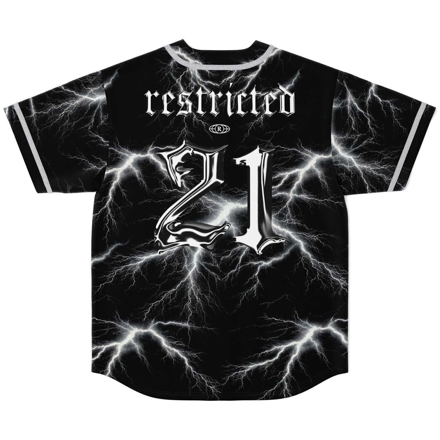 Black electric lightning-pattern jersey back view featuring โrestrictedโ text and metallic 21 graphic