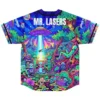 GRiZ fan psychedelic alien forest rave baseball jersey with UFO beam and custom name lettering, back view laid flat